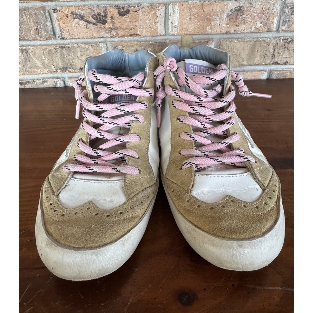 Golden Goose Mid Star High Top Sneakers Gold Glitter Pink Laces Suede Star 38 - Picture 5 of 11